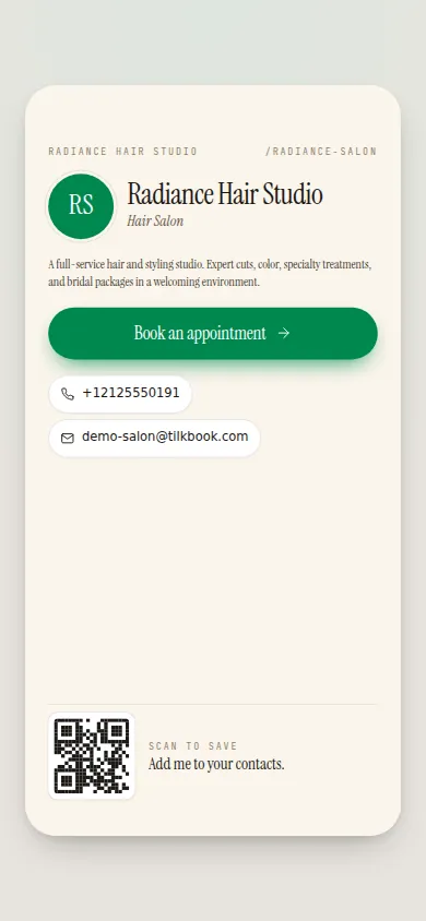tilkbook digital business card on a phone — business name, services, a Book an appointment button, contact details, and a scan-to-save QR code