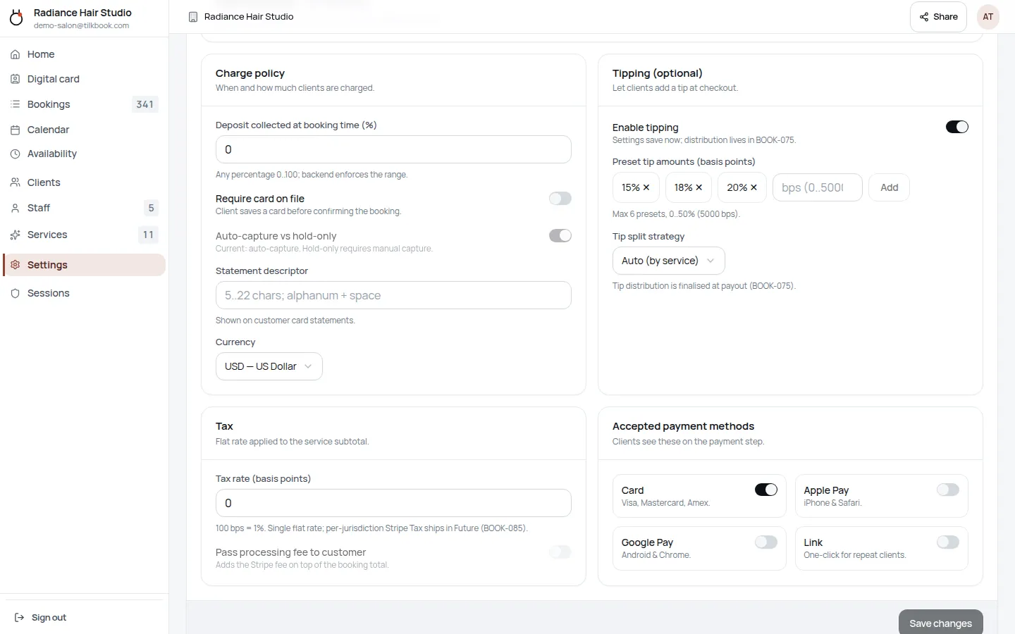 tilkbook payments settings — deposit charge policy, tipping presets, tax, and accepted payment methods configured per business via Stripe